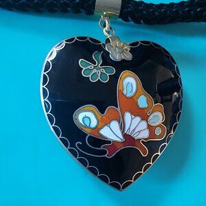 Vintage Cloisonne Puffy Black Enamel Heart Pendant w/Cord-Butterfly and Flowers